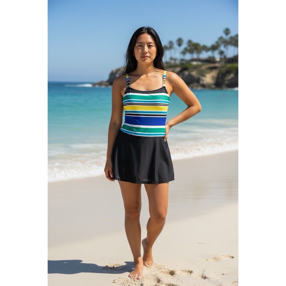 Nautica One Piece Womens Swimsuit Striped Multicolor Skirt Buttom With Pockets L
